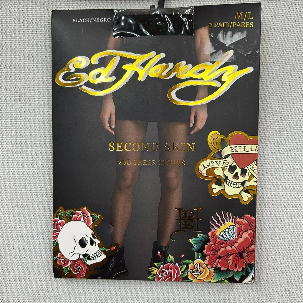 Ed Hardy Second Skin 20D Sheer Tights‎ Black M/L 2 Pair Pantyhose Y2K Gothic NEW